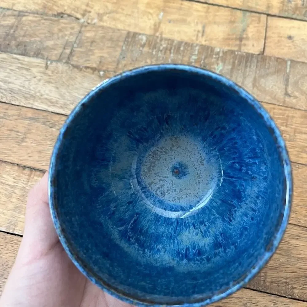 Handmade Stoneware Bowl Speckled Glossy Blue Drip Glaze Black Bees